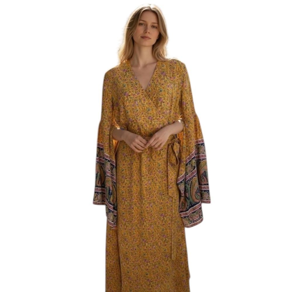 La Boheme Silk Yellow Floral Whimsigoth  Midi Wrap Angel Sleeve Dress Small